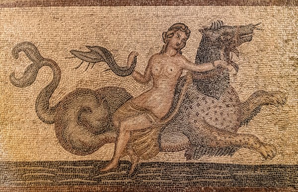 Mosaic with Nereid riding a hippopotamus from Kos, 3rd century, Grand Masters Palace built in the 14th century by the Johnnite Order, fortress and palace for the Grand Master, UNESCO World Heritage Site, Old Town, Rhodes Town, Greece, Europe