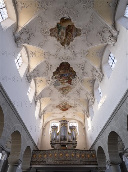 Interior with painted ceiling vault of the Catholic parish church of St. Peter and Paul, former collegiate church, Romanesque columned basilica, Unesco World Heritage Site, Niederzell on the island of Reichenau in Lake Constance, Constance district, Baden-Wuerttemberg, Germany, Europe