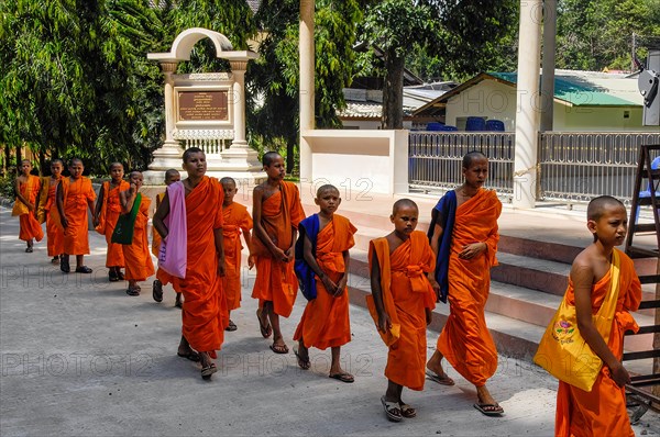 Buddhist child monks monastic students of faith religion of Buddha on the way to Buddhist temple, Ao Nang, Krabi province, Thailand, Asia