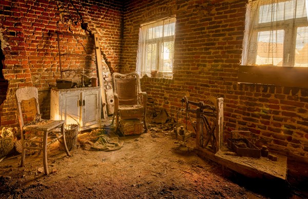 Barn with chairs, Ferme Garou Garou, Lost Place, Belgium, Europe