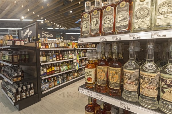 Macomb Twp., Michigan, Liquor on sale at a Meijer Grocery store, newly opened in suburban Detroit. The stores grocery-only concept is new for the chain. Its huge supercenters sell clothing, housewares, toys, electronics, and many other items as well as groceries