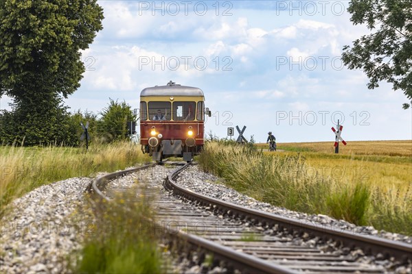 Museum railway on the way in the Swabian Alb, local railway Amstetten-Gerstetten with T 09 railcar of the Ulmer Eisenbahnfreunde, UEF, Gerstetten, Baden-Wuerttemberg, Germany, Europe