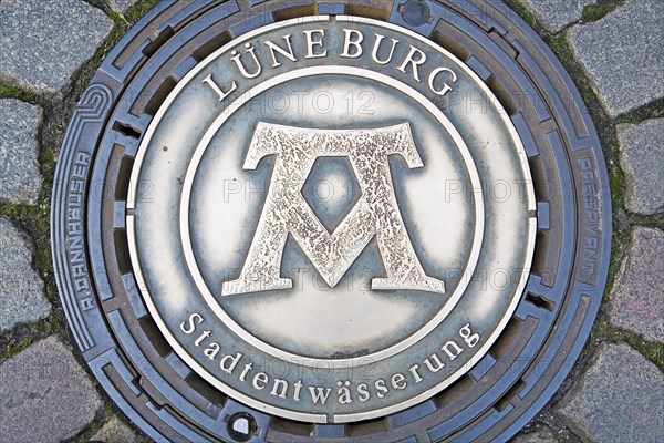 Manhole cover, coat of arms, city drainage, Lueneburg, Lower Saxony, Germany, Europe