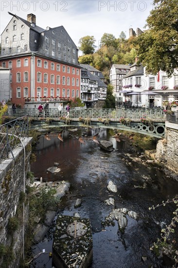 Historic old town of Monschau, left Red House and fortifications on the Rur, Monschau, North Rhine-Westphalia, North Rhine-Westphalia, Germany, Europe