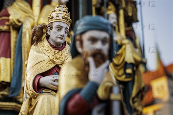 Figures of the Schoenenbrunnen in Nuremberg, 13.02.2023., Nuremberg, Germany, Europe