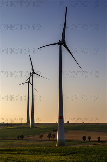 Wind turbines, wind turbines, wind farm in East Westphalia, fields, agriculture, evening, sunset, Lichtenau