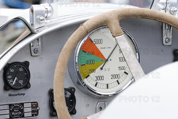 Dashboard of an Auto Union C-Type, year of manufacture 1936, faithful replica from the Audi Museum, The ICE, St. Moritz, Engadine, Switzerland, Europe