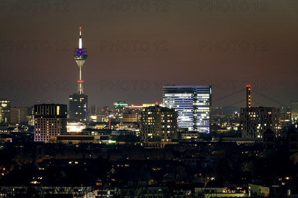 View of the city centre of the state capital Duesseldorf, with Rheinturm, Dreischeibenhaus and Mannesmannhochhaus, Duesseldorf, North Rhine-Westphalia, Germany, Europe