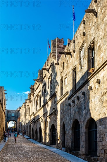 Knights Street in Old Town from the time of the Order of St. John, the only surviving 16th century street in late Gothic style, Oddos Ippoton, Rhodes Town, Greece, Europe