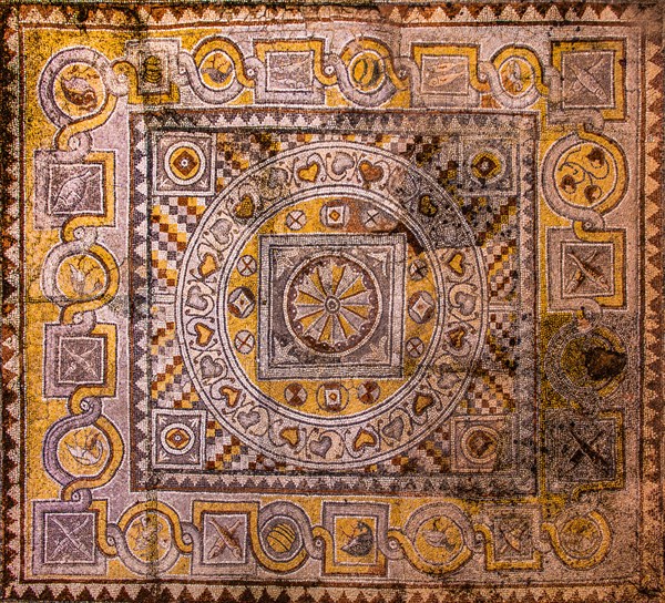 Floor mosaic in the courtyard, Archaeological Museum in the former Order Hospital of the Knights of St John, 15th century, Old Town, Rhodes Town, Greece, Europe