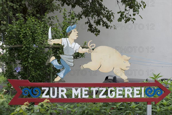 Advertising sign of a butcher's shop, Sonthofen, Allgaeu, Bavaria, Germany, Europe