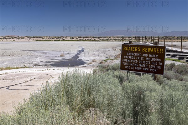 Salt Lake City, Utah, The marina at Antelope Island State Park. The lakes water level has fallen to a historic low