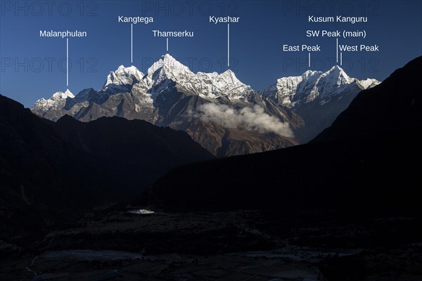 Mountain panorama seen from Thame village on an autumn evening with some high Himalayan peaks, including Malanphulan, Kangtega, Thamserku, Kusum Kanguru. Three Passes Trek. Photo with peak labels. Khumbu, the Everest Region, Himalayas. Sagarmatha National Park, a UNESCO World Heritage Site. Solukhumbu, Nepal, Asia