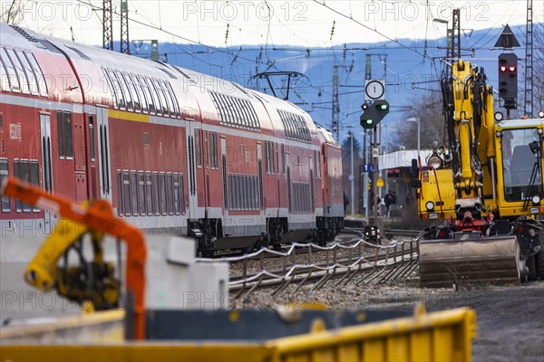 Investment in the ailing rail network, Deutsche Bahn construction site on the busy Rhine Valley line towards Switzerland, Deutsche Bahn AG regional train, Riegel, Baden-Wuerttemberg, Germany, Europe