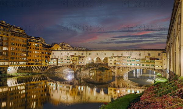 Ponte Vecchio Illuminated Evening Panorama Florence Tuscany Italy