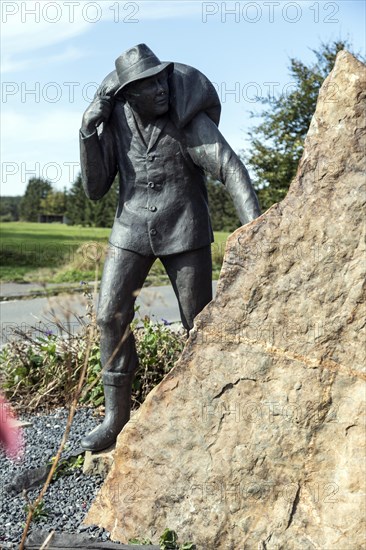 The Smuggler, this monument commemorates the time of coffee smuggling from 1945-1953 at the German-Belgian border, North Eifel, Monschau, North Rhine-Westphalia, North Rhine-Westphalia, Germany, Europe