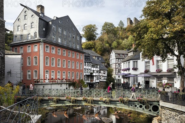 Historic old town of Monschau, left Red House and fortifications on the Rur, Monschau, North Rhine-Westphalia, North Rhine-Westphalia, Germany, Europe