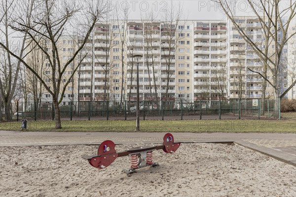 Abandoned playground in front of prefabricated buildings in the Marzahn district, photographed in Berlin, 01.02.2023., Berlin, Germany, Europe