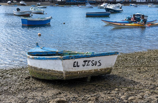 Paddle boats in the lagoon Charco de San Gines, fishing boats, Arrecife, Lanzarote, Canary Islands, Spain, Europe