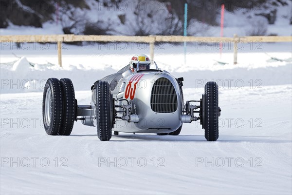 Auto Union C-Type, built 1936 on the frozen lake, faithful replica from the Audi Museum, The ICE, St. Moritz, Engadine, Switzerland, Europe