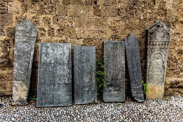 Muslim tombstones, garden courtyards, Archaeological Museum in the former Order Hospital of the Knights of St John, 15th century, Old Town, Rhodes Town, Greece, Europe