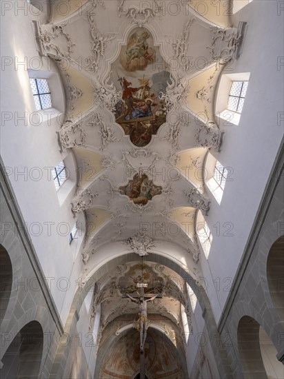 Interior with painted ceiling vault of the Catholic parish church of St. Peter and Paul, former collegiate church, Romanesque columned basilica, Unesco World Heritage Site, Niederzell on the island of Reichenau in Lake Constance, Constance district, Baden-Wuerttemberg, Germany, Europe