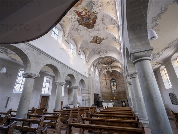 Interior with painted ceiling vault of the Catholic parish church of St. Peter and Paul, former collegiate church, Romanesque columned basilica, Unesco World Heritage Site, Niederzell on the island of Reichenau in Lake Constance, Constance district, Baden-Wuerttemberg, Germany, Europe