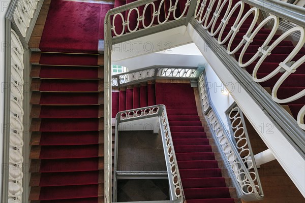Stairs, staircase from above, Corvey Castle World Heritage Site, interior view, Hoexter, Weserbergland, North Rhine-Westphalia, Germany, Europe
