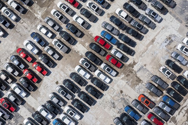 Hamtramck, Michigan, New Ford F-150 pickup trucks and other truck models are parked, unable to be sold, during the global shortage of semiconductor chips