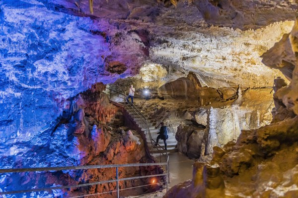 Baerenhoehle, with around 8, 000 visitors a year, the dripstone cave is the most visited show cave in the Swabian Alb, Sonnenbuehl, Baden-Wuerttemberg, Germany, Europe