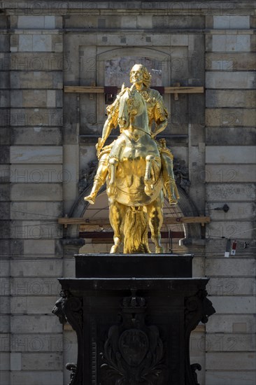 Golden Rider, August the Strong as a golden equestrian statue at the end of the main street on Neustaedter Markt, Dresden, Saxony, Germany, Europe