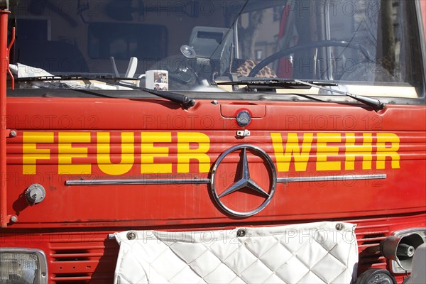 Fire brigade lettering on a historic fire engine by Mercedes, Germany, Europe