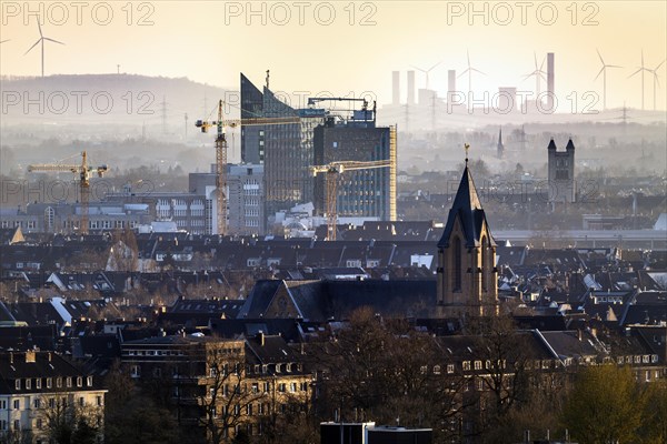 Viewpoint from Grafenberger Wald over Duesseldorf, with bank building of Sparda-Bank, in the background power station Frimmersdorf, Duesseldorf, North Rhine-Westphalia, Germany, Europe