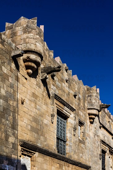 Front of French hostel, Knights Street in Old Town from the time of the Order of St. John, only surviving 16th century street in late Gothic style, Oddos Ippoton, Rhodes Town, Greece, Europe