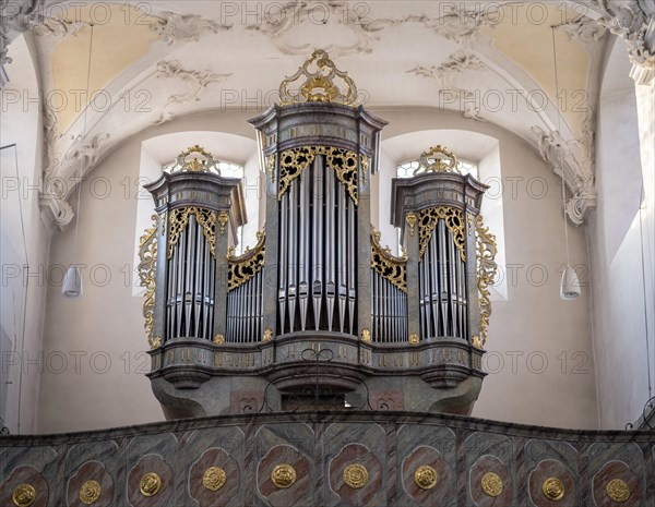 Organ in the Catholic parish church of St. Peter and Paul, former collegiate church, Romanesque columned basilica, Unesco World Heritage Site, Niederzell on the island of Reichenau in Lake Constance, Konstanz district, Baden-Wuerttemberg, Germany, Europe