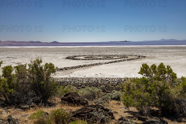 Promontory, Utah, The Spiral Jetty, an earthwork sculpture created by Robert Smithson in 1970 in Great Salt Lake. The sculpture was underwater for 30 years but is now on dry land due to the historic drought affecting the western United States