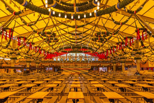 Wiesnaufbau, Schottenhamel marquee, Oktoberfest, Theresienwiese, Munich, Upper Bavaria, Bavaria, Germany, Europe