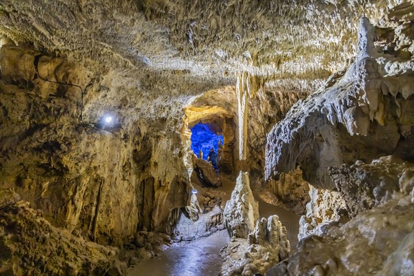 Baerenhoehle, with around 8, 000 visitors a year, the dripstone cave is the most visited show cave in the Swabian Alb, Sonnenbuehl, Baden-Wuerttemberg, Germany, Europe