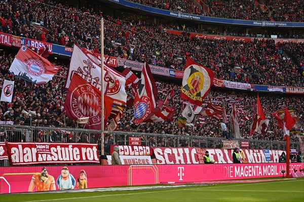 South curve, fan block, fans, fan curve, flags, atmosphere, atmospheric, FC Bayern Munich FCB, Allianz Arena, Munich, Bavaria, Germany, Europe