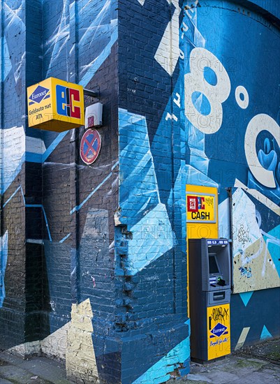 Graffiti on the ATM, RAW grounds, Friedrichshain, Berlin, Germany, Europe