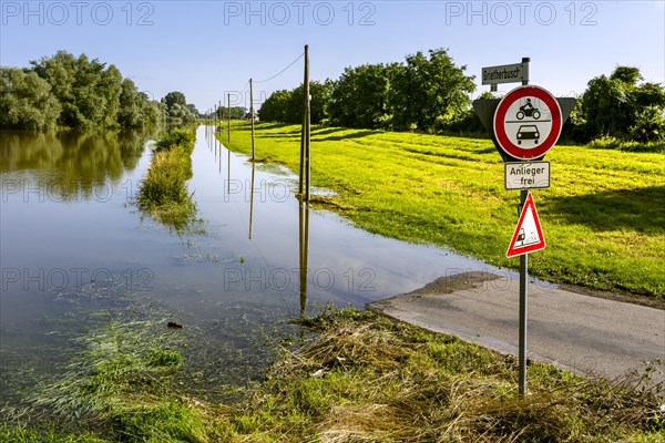 Flooding after heavy rain in North Rhine-Westphalia, nature reserve on the Grietherort and Bienener Altrhein, road flooded, flooding, alluvial deposits, Rees, North Rhine-Westphalia, Germany, Europe