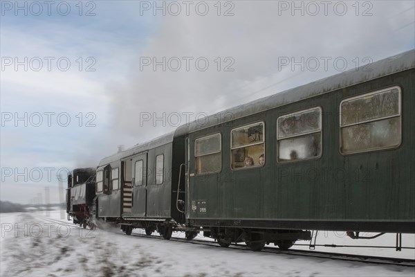 Winter steam locomotive ride of the Steyrtalbahn museum railway in Gruenburg, Upper Austria, Austria, Europe