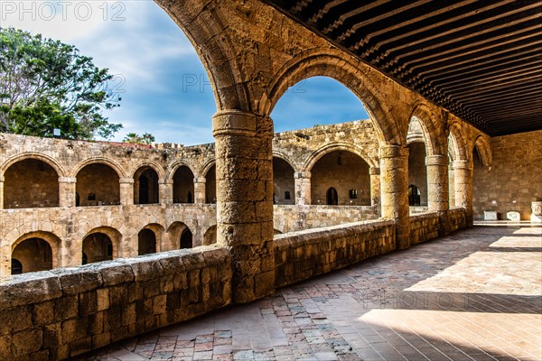 Two-storey building with a large courtyard and surrounding arcade, Archaeological Museum in the former Order Hospital of the Knights of St John, 15th century, Old Town, Rhodes Town, Greece, Europe