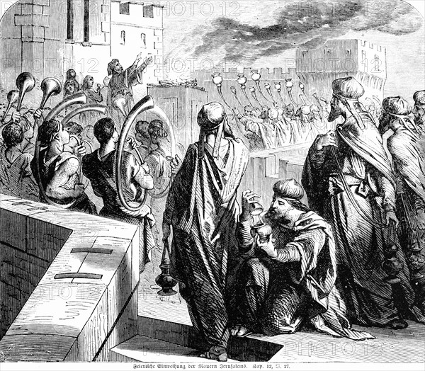 Solemn dedication of the walls of Jerusalem, inaugurate, event, tropes, Levites, singing, Cornu, joy, fire, Bible, Old Testament, The Book of Nehemiah, chapter 12, verse27, historical illustration circa 1850