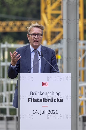 Ronald Pofalla, then Member of the Board of Management of Deutsche Bahn AG responsible for infrastructure, at the construction site of the Filstalbruecke railway bridge, bridge building at a height of 85 metres, Muehlhausen im Taele, Baden-Wuerttemberg, Germany, Europe