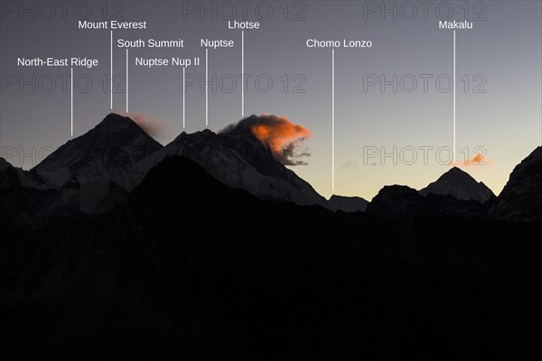 Daybreak at Gokyo Ri. Three clouds mark three eight-thousanders, Mount Everest on the left, Lhotse in the middle and Makalu on the right-hand-side in the greater distance. Photo with peak labels. Gokyo Trek, Khumbu, the Everest Region, Himalayas. Sagarmatha National Park, a UNESCO World Heritage Site. Solukhumbu, Nepal, Asia