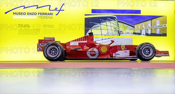 Vintage car fair Retro Classics, Ferrari racing car with advertisement for the Museo Enzo Ferrari in Modena, Stuttgart, Baden-Wuerttemberg, Germany, Europe