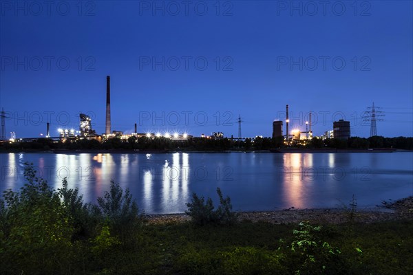 Panorama of Huettenwerke Krupp Mannesmann, HKM, Rhine, night shot, Duisburg, North Rhine-Westphalia, North Rhine-Westphalia, Germany, Europe