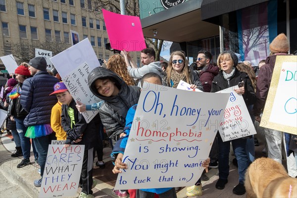 Royal Oak, Michigan USA, 11 March 2023, A small group of conservative Republicans protesting the Sidetrack Bookshops Drag Queen Story Hour were outnumbered by many hundreds of counter-protesters supporting the LGBTQ community