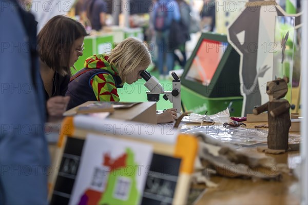 A child looks through a microscope. The trade fair Didacta is Europes largest education trade fair, target groups are teachers and trainers at kindergartens, schools and universities. Stuttgart, Baden-Wuerttemberg, Germany, Europe